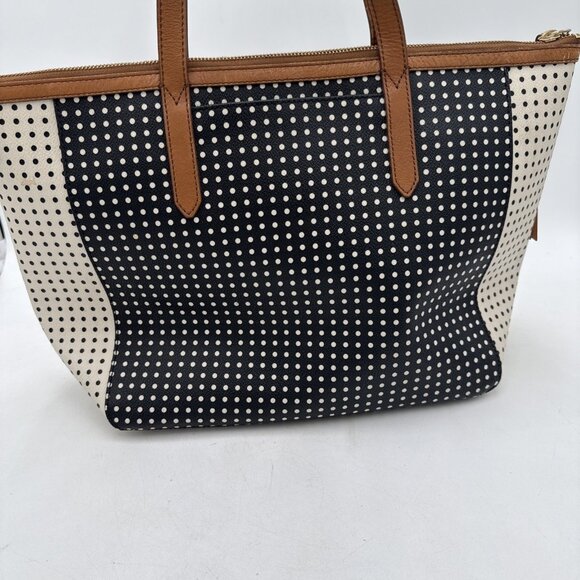 Fossil Sydney Black & White Polka Dot Tote Bag Vinyl Leather Straps Trim Zip top - Picture 5 of 10